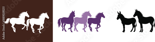 Set of horse and donkey silhouettes in multiple colors, running and standing poses, flat farm animal vector illustration