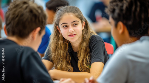 Wallpaper Mural A girl engaging in a conversation with two other students in a classroom setting, showcasing a focused and communicative exchange AI Generative Torontodigital.ca