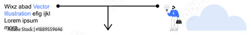 Cloud technology, data management, business operations, workflow design, communication, technology solutions. Character holding briefcase, cloud graphic text content. Cloud technology and data
