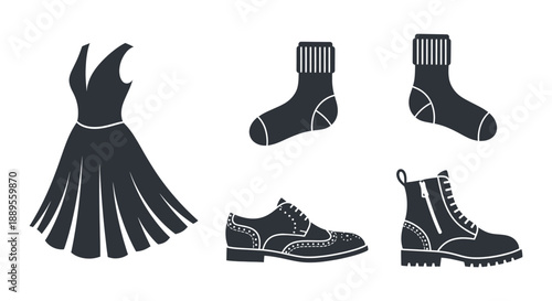 A collection of diverse fashion elements and footwear in silhouette form on white background