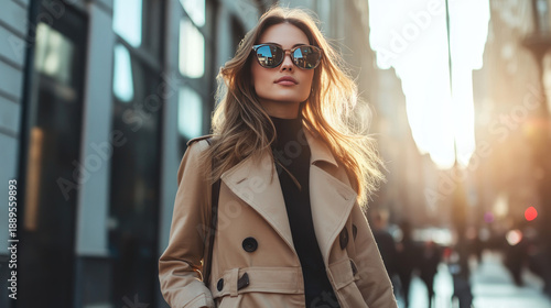 A stylish woman confidently walks down a city street, exuding grace and poise AI Generative