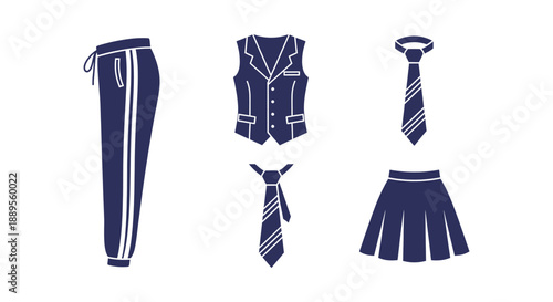 A set of school uniform clothing icons featuring trousers, vest, skirt, and neckties