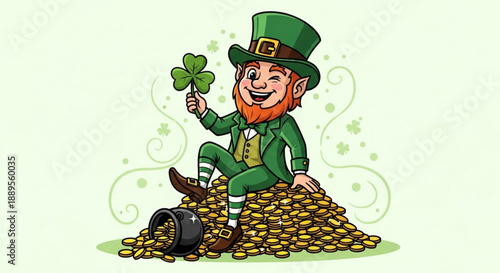 Smiling leprechaun sitting on a pile of gold coins with a four leaf clover on st patrick's day
