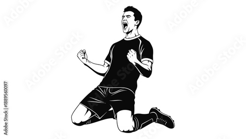 A triumphant soccer player kneeling in excitement and celebration on the field