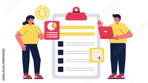 A professional team conducting a business audit with a large clipboard and financial data charts