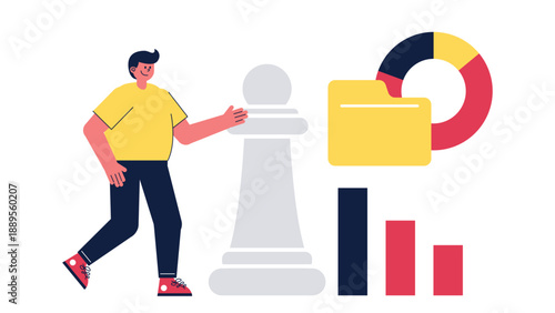 A man standing next to a giant chess piece with data folders and charts in the background