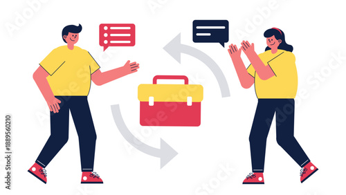 Two business people interacting with speech bubbles and a briefcase between them