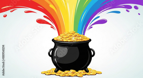Black cauldron overflowing with gold coins under a vibrant rainbow splashing colorful liquid