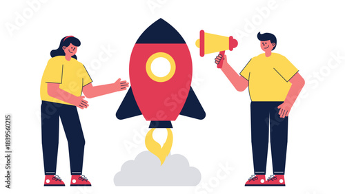 Two people launching a rocket with a megaphone to announce the business