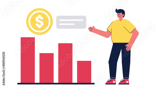 A man presenting a bar chart showing a downward trend with a dollar coin icon
