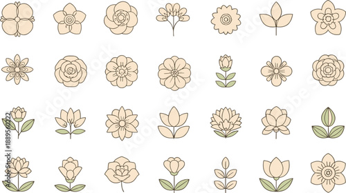 Set of minimal floral line icons with soft pastel flowers and leaves, elegant botanical vector illustration collection