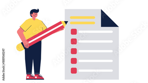 A man holding a giant pencil standing next to a checklist document