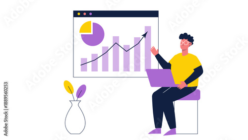 A businessman analyzing growth charts and data on a large screen