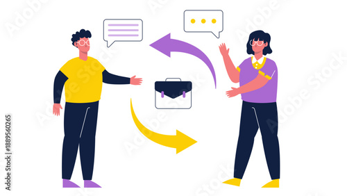 Two professionals exchanging information with speech bubbles and arrows