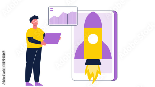 Entrepreneur launching a new project symbolized by a rocket and charts