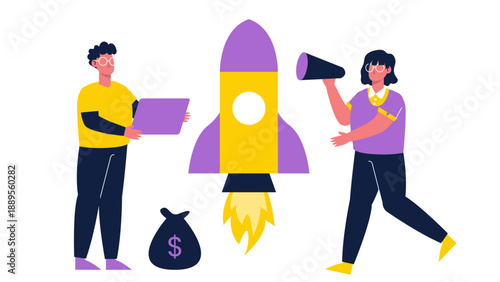 Team launching a business venture with a rocket and megaphone