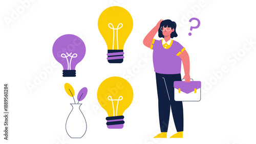 Female entrepreneur thinking about multiple ideas represented by bulbs