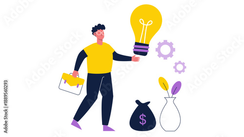 Businessman holding a large lightbulb symbolizing a new innovation