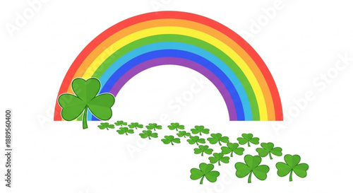 Vibrant rainbow with shamrocks on white background symbolizing luck and nature's beauty in a colorful illustration