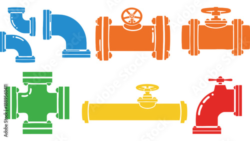 A colorful illustration of various plumbing pipes and valves on a white background