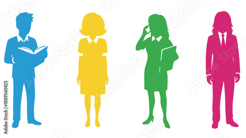 Four colorful silhouettes of people standing in a row on white background