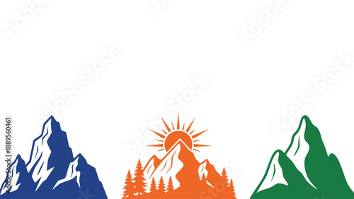 A colorful illustration of three mountain silhouettes with a sunny landscape
