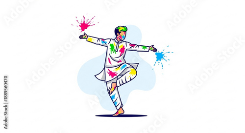 Man dancing with colorful paint splatters on clothes and hands in a vibrant dynamic illustration