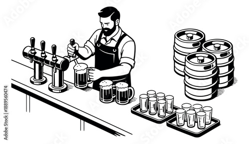 Line art illustration of a bartender depicting serving beer from a tap for a pub and bar concept