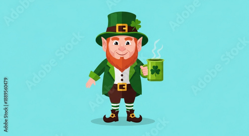Smiling leprechaun wearing green coat and hat holding beer mug with shamrock on light blue background