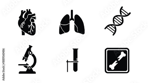 Minimalist Black and White Medical Science Icons Featuring Anatomy, Heart, Lungs, DNA and Microscope