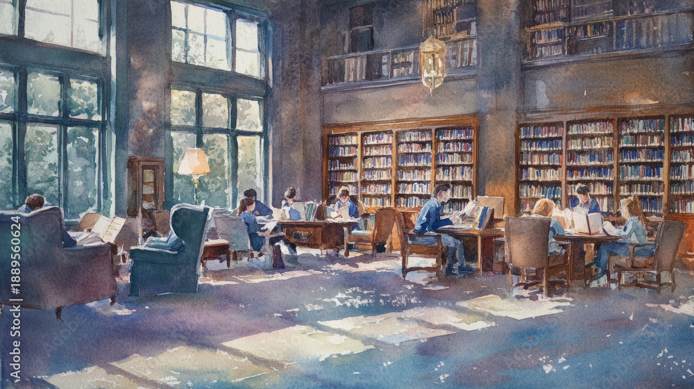 custom made wallpaper toronto digitalA serene library interior filled with sunlight, where people are engaged in reading and studying surrounded by a vast collection of books. The space exudes a sense of tranquility. AI Generative