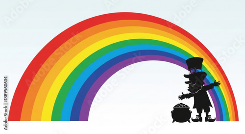 Leprechaun silhouette standing under a vibrant rainbow with a pot of gold symbolizing luck and magic in a whimsical scene