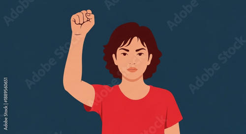 Empowered woman with raised fist in red shirt on dark blue background symbolizing strength and activism