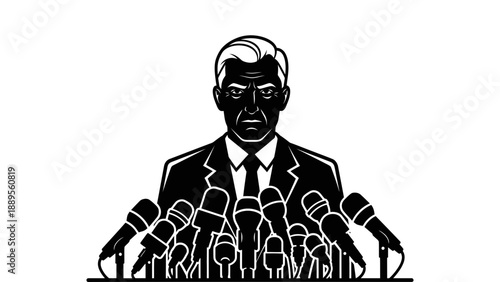 A man in a suit speaks at a crowded press conference with multiple microphones