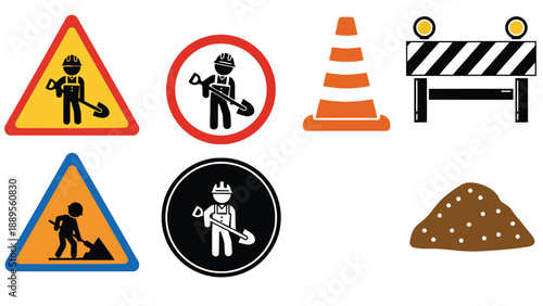 A collection of construction signs and symbols on a white background