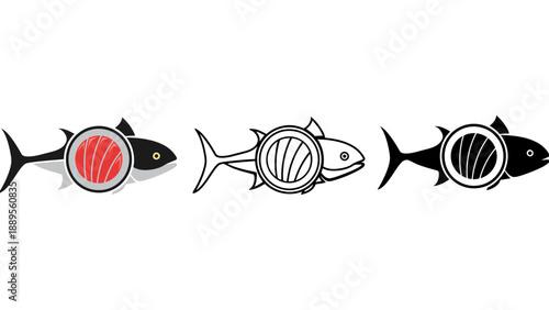 A set of fish with different colored sushi in their bellies