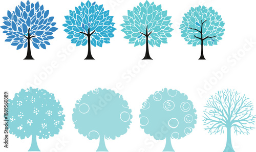 Set of modern abstract tree silhouettes in blue tones, decorative nature icons, seasonal forest vector illustration