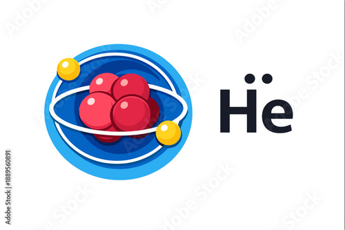 Colorful Helium atomic structure and Lewis dot diagram. 3D cartoon scientific vector illustration of element He with electrons and nucleus isolated on white background.