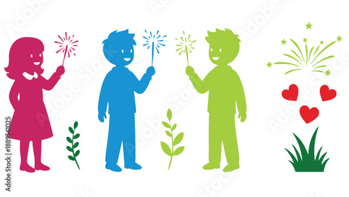 A colorful illustration of children celebrating with sparklers and fireworks outdoors