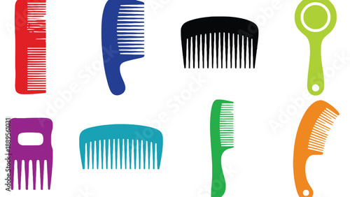 A collection of colorful combs and hair accessories on a white background