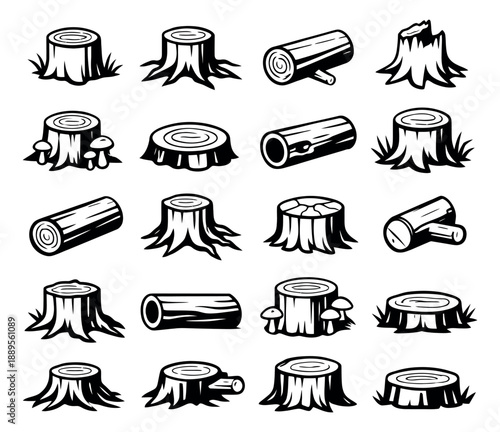 Hand drawn line art forest wood elements set featuring various tree stumps, logs, and mushrooms for nature-themed designs