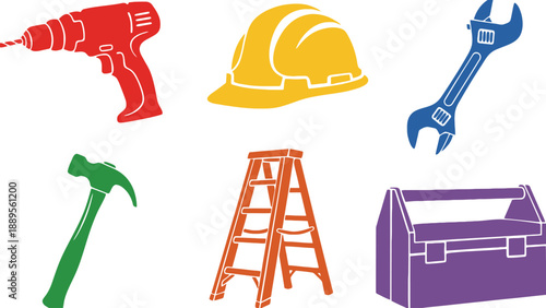A collection of colorful construction tools and equipment on a white background
