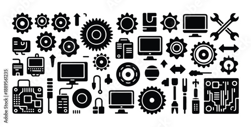 Industrial technology and maintenance silhouette vector icon set including gears, computers, and tools