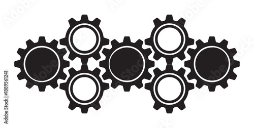 Seven interconnected industrial gears vector design element on a white background, representing teamwork
