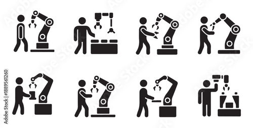 Robotics and human interaction silhouette vector icons, depicting automation in various processes