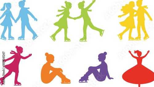 Colorful silhouettes of children ice skating on a white background