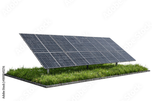 Solar panels on green grass with gray border on black background energy electricity
