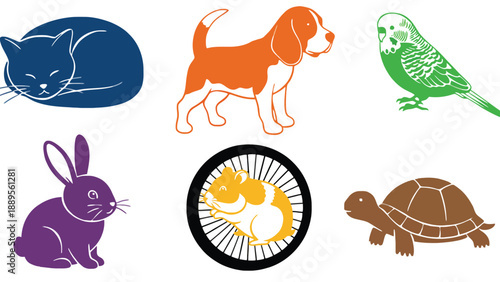 A colorful illustration of various cute animals and pets together