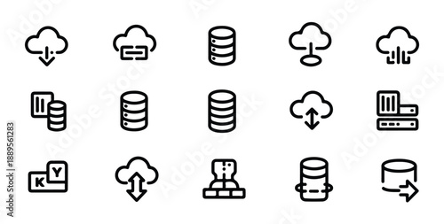 Cloud storage icons showing data management, network servers, and digital information flow