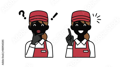 A cartoon woman in a red apron has an idea and looks surprised